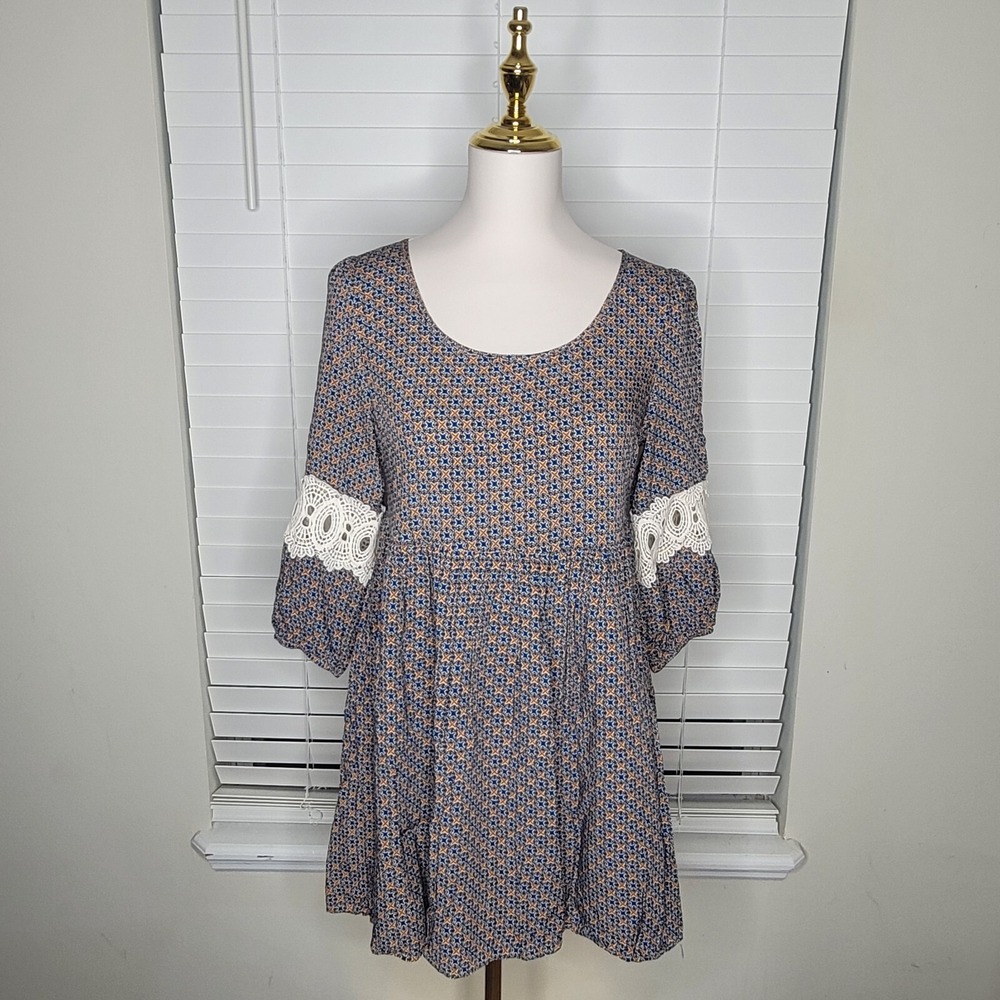 Boho Peasant Mini A-line Dress Blue Country Cottage Geometric Hippie Prairie